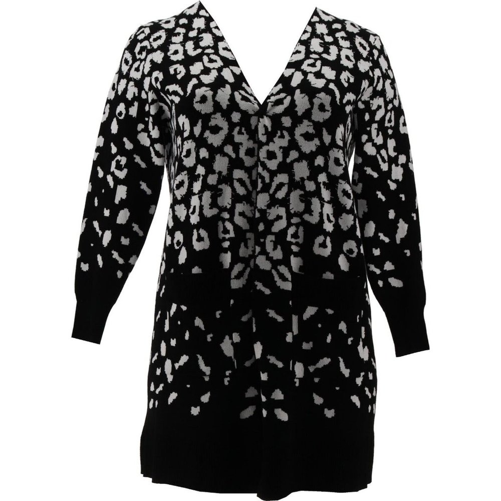 Nina Leonard Jacquard Open-Front Heavy Cardigan Pockets BLACK/IVORY Large NWOT